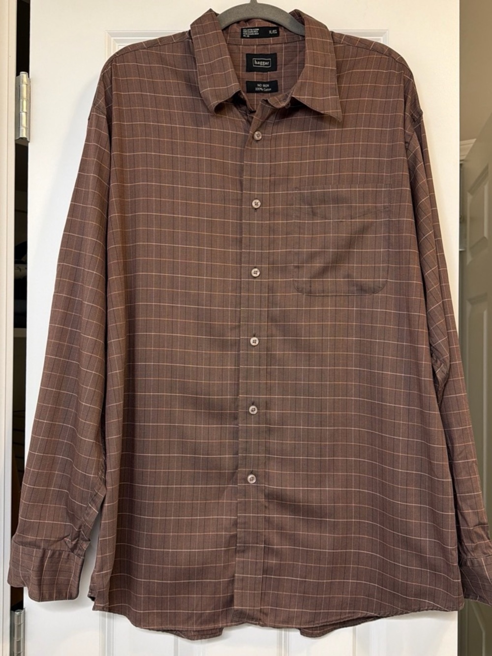 Haggar Brown Plaid Long-Sleeve Dress Shirt